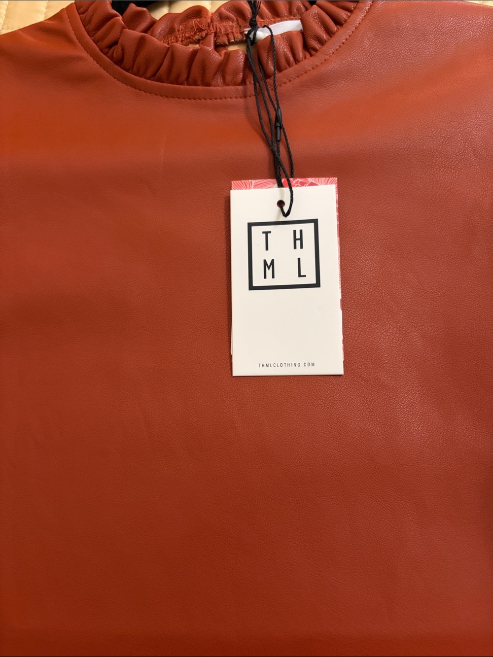 THML Rust Puff-Sleeve Faux Leather Top with Ruffled Neck - Picture 4 of 4